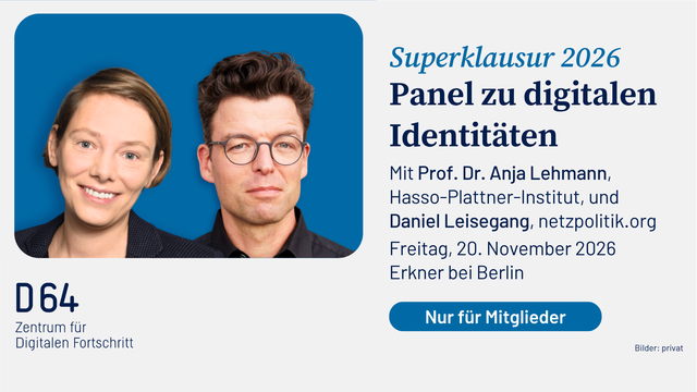 Superklausur 2026
Panel zu digitalen Identitäten
Mit Prof. Dr. Anja Lehmann, Hasso-Plattner-Institut, und Daniel Leisegang, netzpolitik.org
Freitag, 20. November 2026
Erkner bei Berlin
Nur für Mitglieder