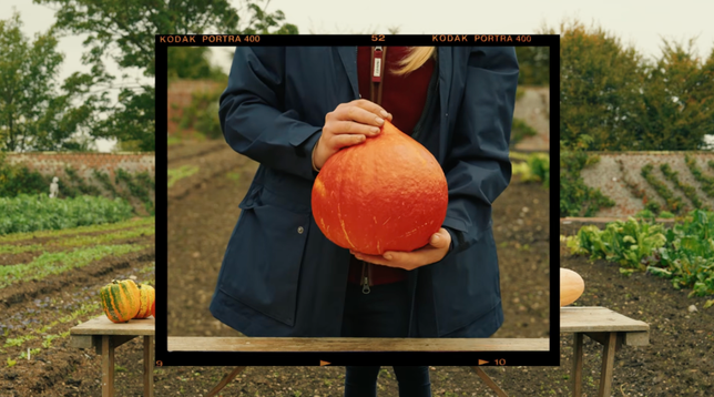 A gardener stands in an open vegetable patch holding a large, freshly harvested Uchiki Kuri squash against a dark jacket.
