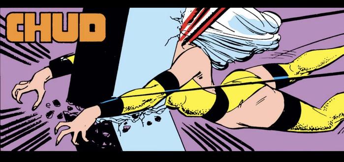 A costumed woman with white hair is thrown face first into a concrete pilar, snapping it in half. Sound effect: "CHUD".