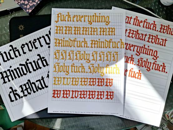 On a table are three sheets of paper with medieval calligraphy on them two are in smaller script and yellow / orange ink, one is in large letters in black ink. They all say "fuck everything", "mindfuck", "holy fuck", "what the fuck".