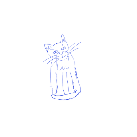 a naïve drawing of a cat sitting up, or possibly a cat-shaped salt shaker or something. It initially appears to have been done in blue ballpoint pen, but closer inspection reveals it to be a digital drawing