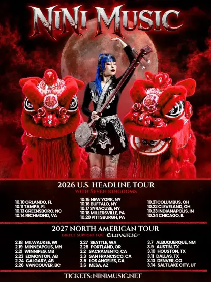 A poster of Nini Music's 2026/2027 North American Tour dates showing an Asian woman with long blue hair carrying a Qin Qin, a very long necked string instrument that resembles a banjo. Behind her are two dragon heads of the variety used in Dragon Dance performances.