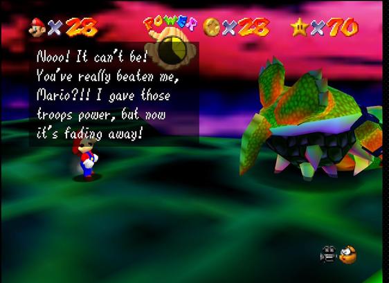 Screenshot of Mario standing next to a defeated Bowser, who's lying on his back.