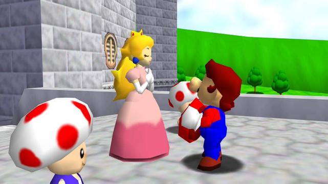 Screenshot of Princess Peach, flanked by two Toadstool people, thanking Mario for rescuing her.