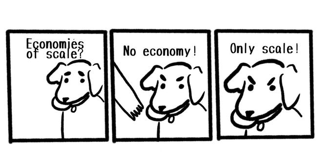 The "only throw" dog meme, edited to now read "economies of scale? No economy! Only scale!"