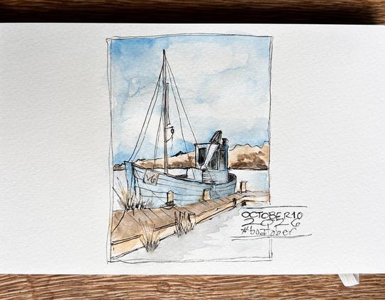 Ink and watercolor sketch of a wooden sailboat at an old dock