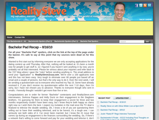 Screenshot of Reality Steve in 2010