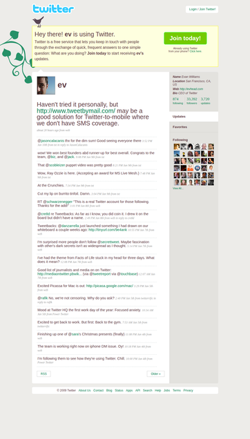 Screenshot of Evan Williams on Twitter in 2009