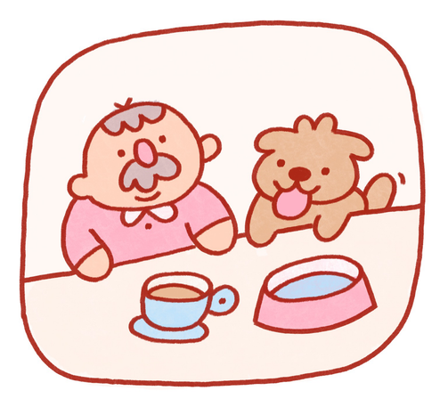 A small drawing of an older gentleman in a pink shirt having his morning coffee next to his brown dog who is joining him on the table with his drinking bowl next to the man’s coffee cup