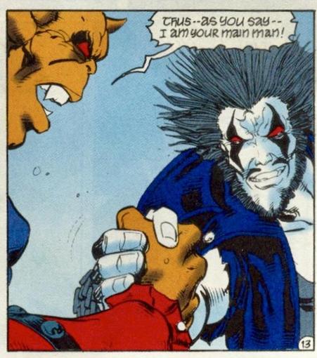 Light blue background. Etrigan the Demon shakes Lobo's hand and says, "Thus--as you say--I am your main man!"