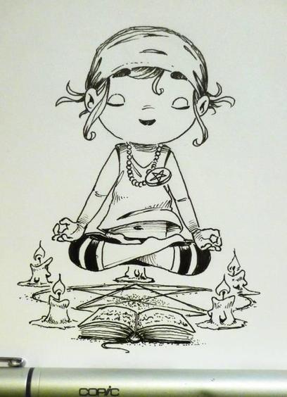 A character is levitating above a pentagram. There's an open book on the ground.