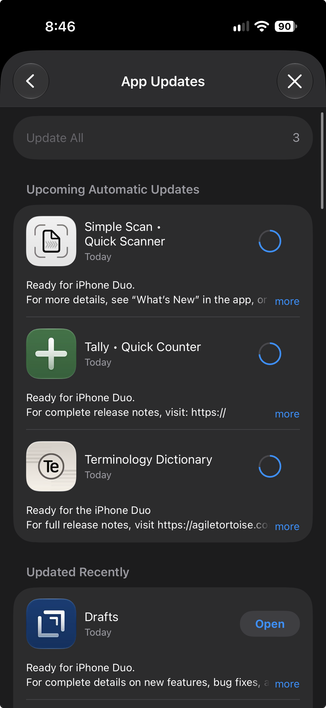 Screenshot of iOS 27.2 public beta App Store showing Drafts having just been updated and updated and Simple Scan, Tally, and Terminology about to be updated