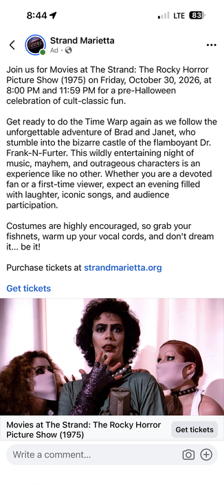 Join us for Movies at The Strand: The Rocky Horror Picture Show (1975) on Friday, October 30, 2026, at 8:00 PM and 11:59 PM for a pre-Halloween celebration of cult-classic fun.
Get ready to do the Time Warp again as we follow the unforgettable adventure of Brad and Janet, who stumble into the bizarre castle of the flamboyant Dr.
Frank-N-Furter. This wildly entertaining night of music, mayhem, and outrageous characters is an experience like no other. Whether you are a devoted fan or a first-time viewer, expect an evening filled with laughter, iconic songs, and audience participation.
Costumes are highly encouraged, so grab your fishnets, warm up your vocal cords, and don't dream it... be it!
Purchase tickets at strandmarietta.org