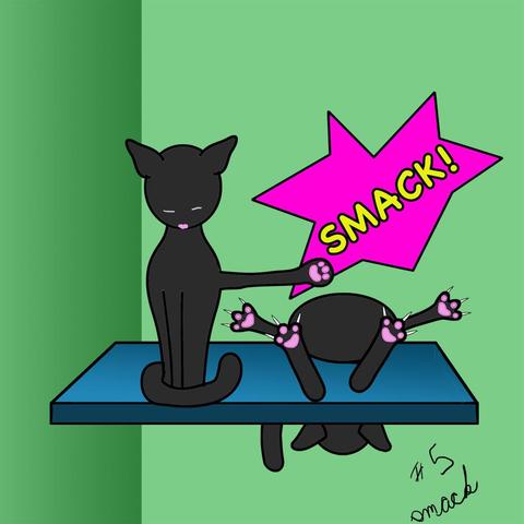Two black cats are sitting on a shelf.  The leftmost cat is still tall, looking downwards, tail curled around its body, rightmost front leg sticking out to the right. Behind the extended cat's paw is a big, cartoon-like jagged bubble that says, "smack." The other cat has been knocked backwards, toes out, claws extended, body bent backwards over the back of the shelf.  We can see its head and tail drooping down from under the shelf.
