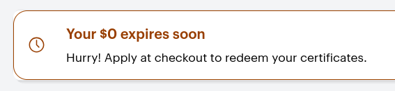 Screenshot of BestBuy.com that says "Your $0 expires soon. Hurry! Apply at checkout to redeem your certificates."