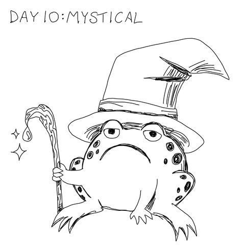 Rough sketch in thin black lines on white, a frog sits on its haunches, wearing a huge pointy and floppy wizard hat, holding a crooked wooden staff with a raindrop gem at the tip, and with a very tired expression on its face