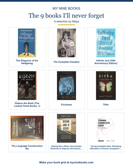 the 9 books i'll never forget (same content linked)

the elegance of the hedgehog
the complete claudine
infinite jest
gideon the ninth
ficciones
tithe
the language construction kit
seeing like a state
turing complete user