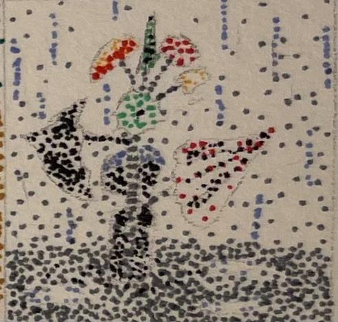 1-inch square pointillism drawing of a tree made of umbrellas in the rain. The base of the tree is an umbrella stand.