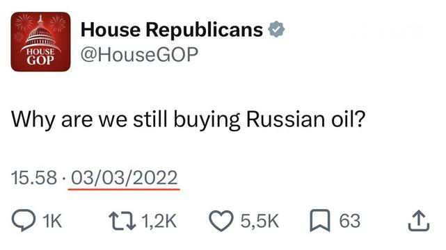 A screen capture of a social media post.

In the top left is a red logo with an image of the dome of the US Capitol building and the text House GOP.

Next to the logo is the name of the author, "House Republicans" and their social media address, "@HouseGOP".

The text of the post is one sentence:

"Why are we still buying Russian oil?"

The time and date of the post is "15.58 03/03/2022"