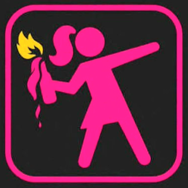 Cartoon silhouette of woman (skirt  ponytail) throwing a flaming bottle of fluid ('Molotov cocktail'). Everything is pink except flame which is yellow, all on a black background.