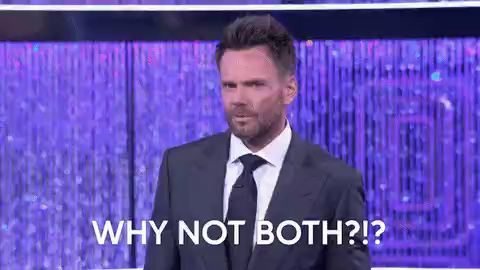 The comedic actor, Joel McHale on the set of his game show, 1% Club. Asking the question, "why not both?!?"