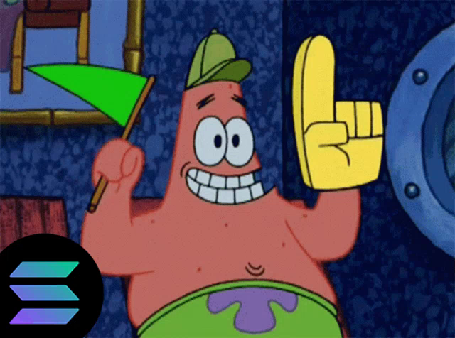 Patrick from SpongeBob Cheering and waving a pennant and giant foam finger