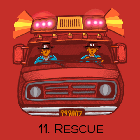 A colored pencil drawing of TV characters firemen John Gage and Roy DeSoto from the 70’s show Emergency! They are sitting inside the cab of their red squad truck with sirens flashing. Text reads 11:Rescue.