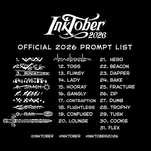 The official Inktober 2026 prompt list with Day 11: Rescue crossed off by an EKG sinus rhythm heartbeat.