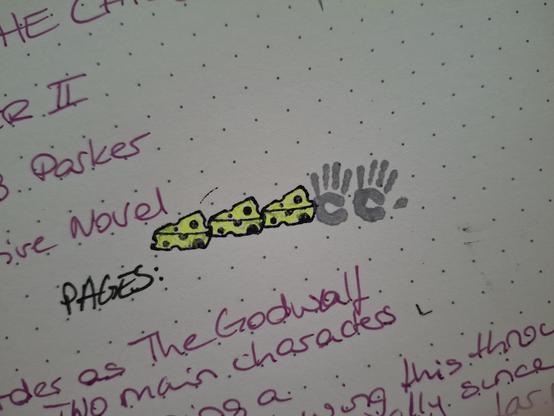 Detail photo of a reading log showing five rating symbols. Three are cheese wedges stamped in black ink, and two hand prints stamped in gray ink.