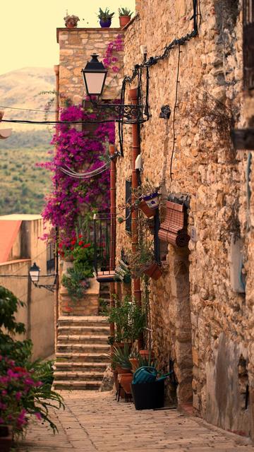 In einer Gasse ist ein altes, spanisches Haus aus Naturstein zu sehen. Ein Hauseingangs ist von Bougainvilla umrangt.