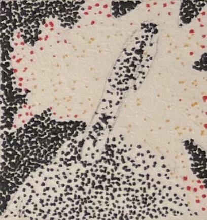 1-inch square pointillism of ink pen lodged in a stone. A great light emerges from behind it.