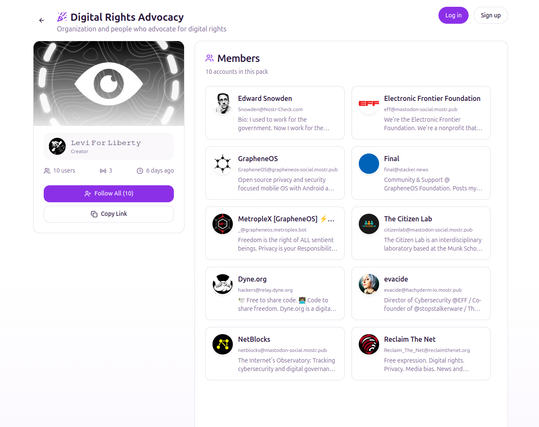 The follow pack for "Digital Rights Advocacy." It has Edward Snowden who's on Nostr, and then it has a bunch of Mastodon accounts like GrapheneOS, EFF, NetBlocks, evacide, and The Citizen Lab.