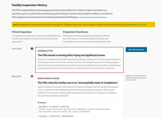 The facility inspection history of Apotex Inc. in Ontario, Canada. As recently as October 2025 there was warning letter from the FDA, "The FDA issued a warning letter laying out significant issues." The letter mentioned they were not testing their drugs for discrepancies, they were investigating quality issues, and they failed to follow sterile procedures.