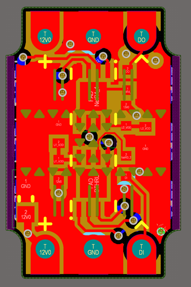 PCB layout for a small board. It has 12V, GND, and data pins on each end. most of the actual parts aren't visible, it's just copper pours.