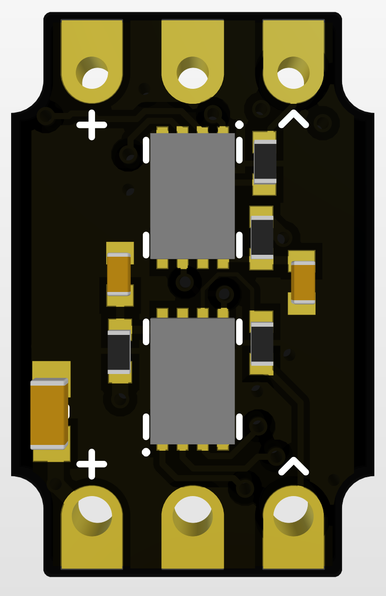 3D render of the board underside. Two WS2811N ICs in DFN8 packages are present, plus some passives.