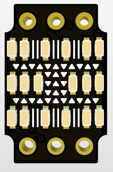 3D render of the top side of the board. There are 18 LEDs on it, plus some festive little decorations on the silkscreen.