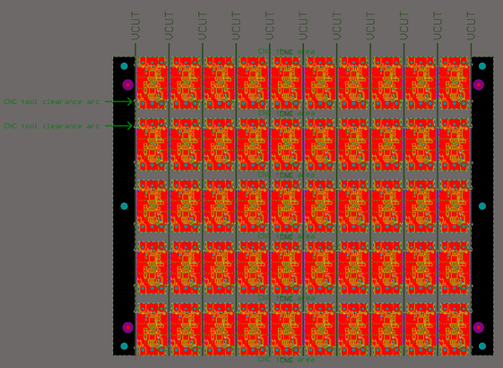Panel layout for production and assembly. 10x5 layout, so 50 boards per panel. They're vertically separated by V-cuts and horizontally separated by milling passes.