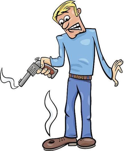 Image of a man holding a smoking gun. His foot has a hole in it which is also smoking.