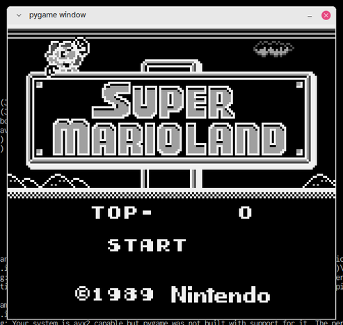 title screen of super mario land, but the colors look inverted (black where there should be white, etc)