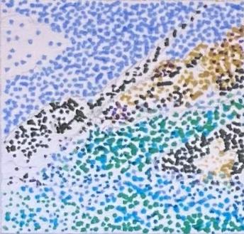 1-inch square pointillism drawing of a horse leaning over water to kiss a narwal.