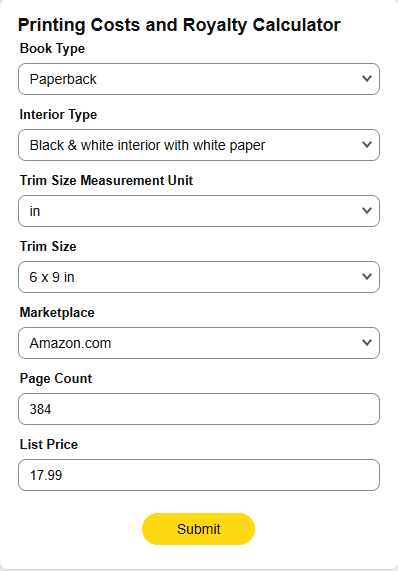 Printing cost calculator for Amazon KDP.