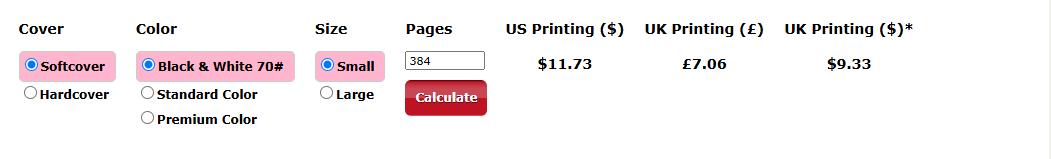 Printing cost calculator for OneBookShelf. The US printing costs are $11.73.