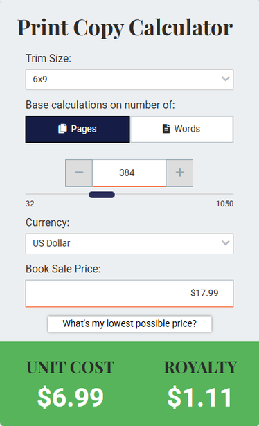 Printing Cost Calculator for Draft2Digital. The royalties are $1.11.