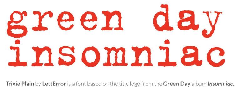Screengrab from an AI generated site that suggests my typeface Trixie (1991) was based on the title logo of the Green Day album Insomniac (1995). Clearly the causality is reversed, but what can I say.