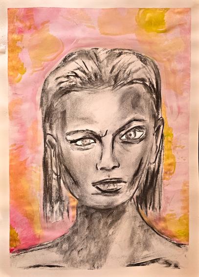 A charcoal portrait of a woman raising an eyebrow in judgement with a green pink and gold watercolours background