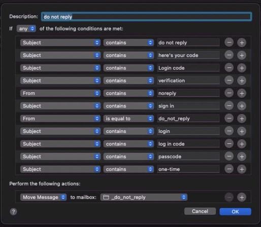 An email filtering rule interface showing conditions for sorting messages based on specific keywords such as "do not reply," "verification," and "login code." It includes options to move messages to a designated mailbox.