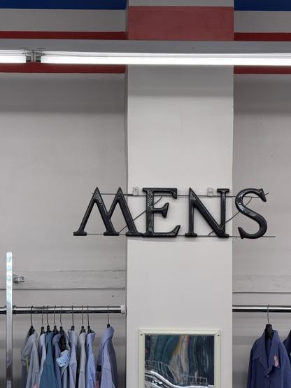 Large wall sign spotted in a Salvation Army thrift shop in Henrietta, NY (near Rochester): The word “MENS” has the “S” upside down AND the “M” is actually a flipped “W”