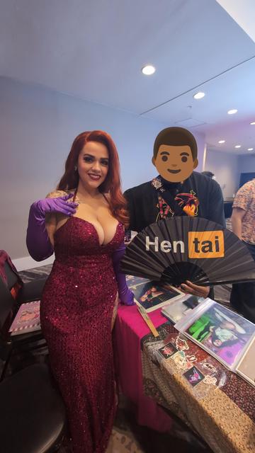 Me with a cosplayer dressed as Jessica Rabbit.