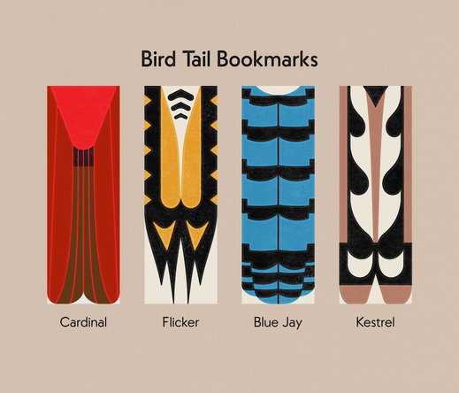 Very graphic and almost abstract colorful illustrated Bird Tail bookmarks featuring a Cardinal, Flicker (inner), Blue Jay, and Kestrel (inner).