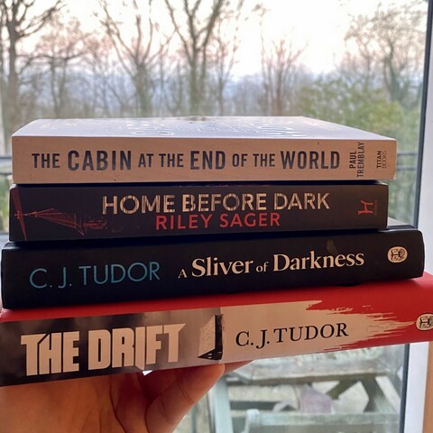 4 books held out against a winters backdrop of frozen trees and gray skies. The books are - 

The cabin at the end of the world
Home before dark
A sliver of darkness
The drift